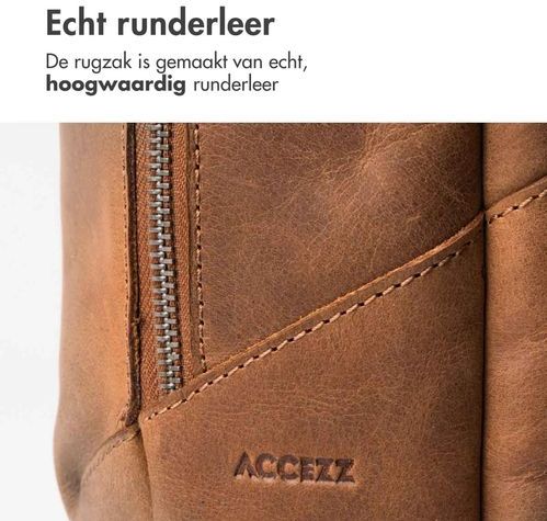 Accezz Leren Laptop Rugzak tot 16 inch - Rugtas Heren & Dames - Laptop Tas met 6 Opbergvakken - Cognac