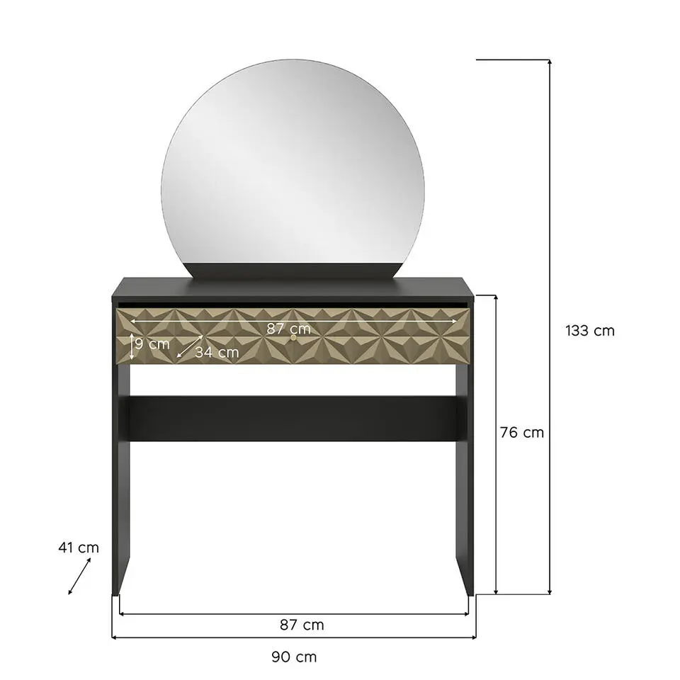 Hioshop Prisma kaptafel 1 lade 1 spiegel zwart- goudkleurig