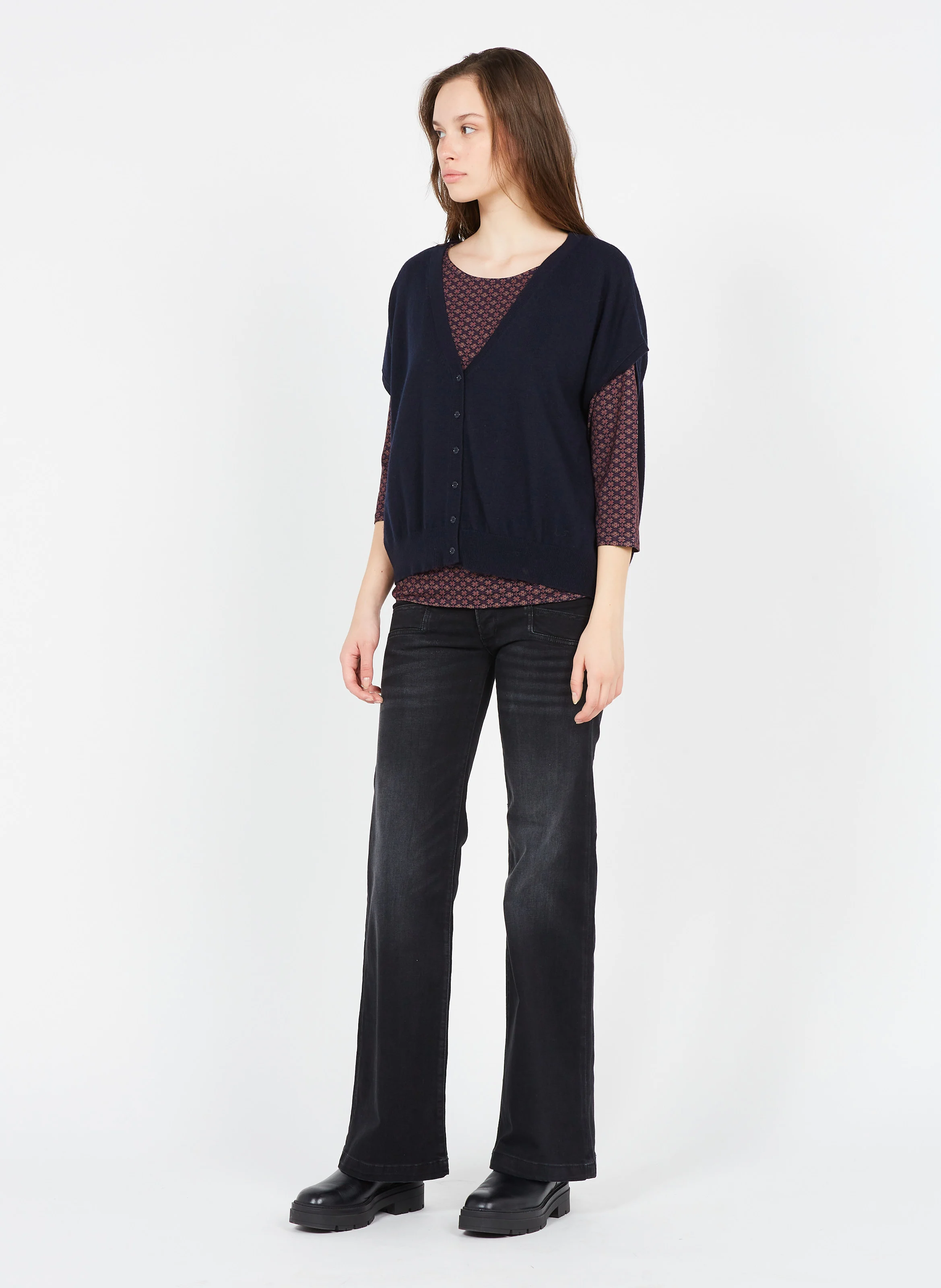 LEXIE - Gilet col V en laine mélangée | Bleu