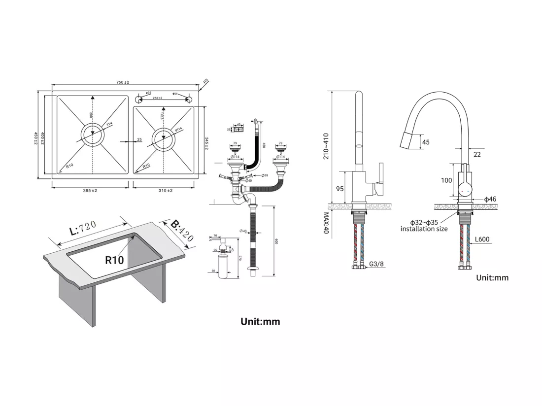 2 en 1 Évier de Cuisine 2 Bac 75x45x19cm,Encastré/ à Poser avec Distributeur de Savon+Robinet de Cuisine Flexible Bec Haut Orientable