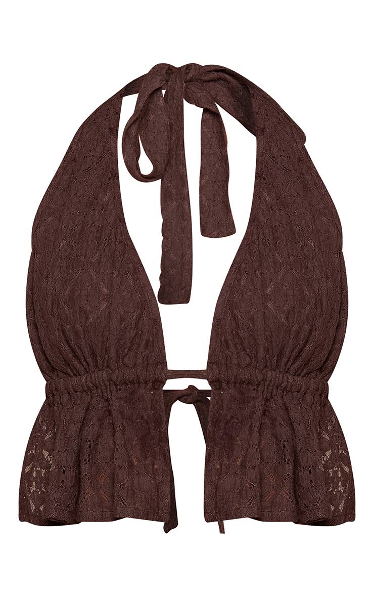 Marron Ensemble Haut Ouvert Col Licou En Dentelle Crochet