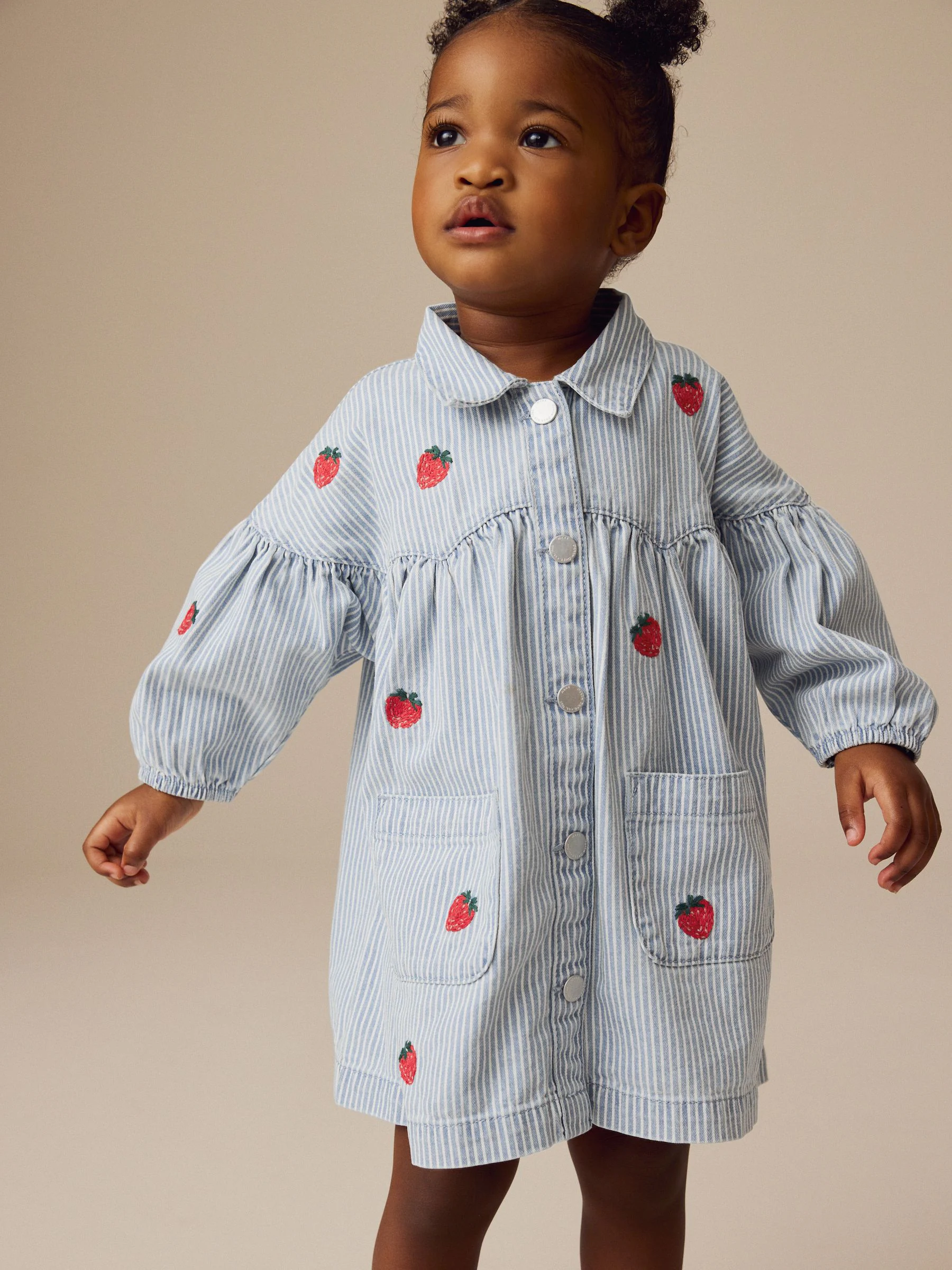 Blauw gestreept met aardbei - Geborduurde denim overhemdjurk (3 mnd - 8 jr)