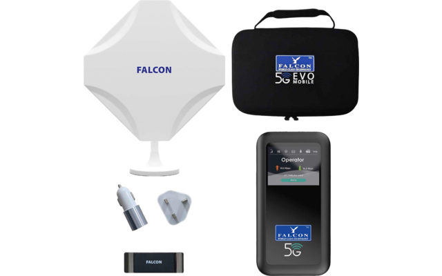 Falcon Evo 5G Mobile Deluxe Internetantenne mit tragbarem Router und bis zu 3400 Mbit/s Geschwindigkeit
