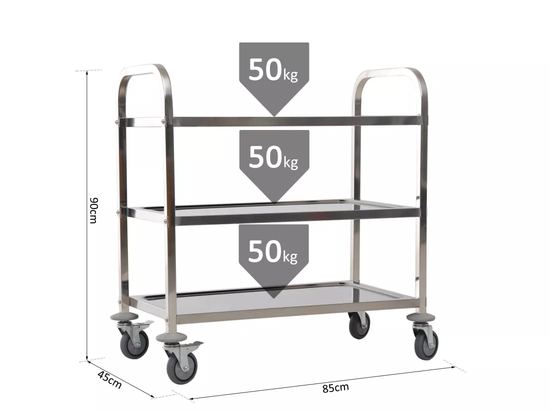 HOMCOM Chariot de service desserte de cuisine à roulettes 3 étagères 85L x 45l x 90H cm acier inox. chromé