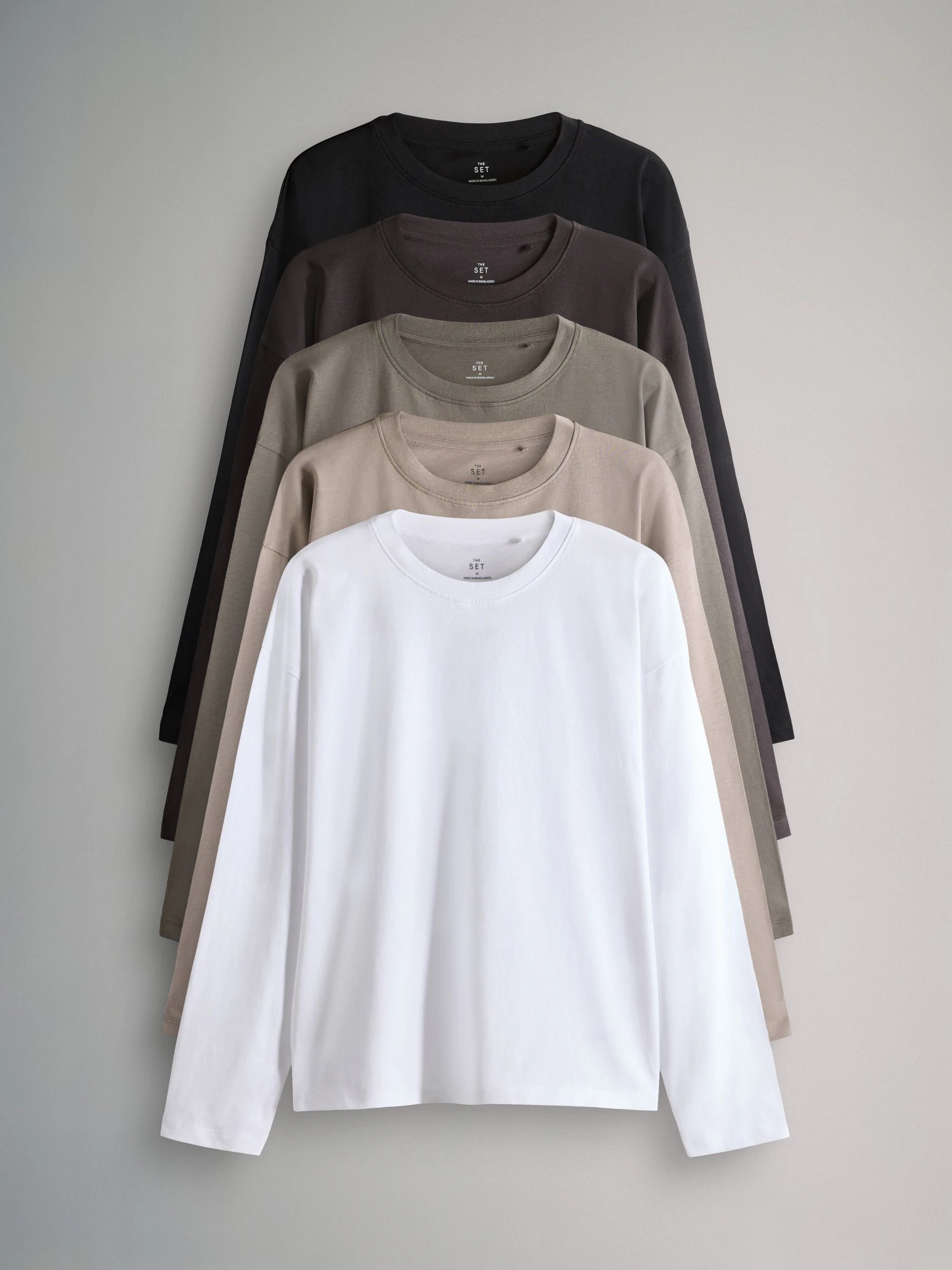 Zwart/Chocoladebruin/Taupebruin/Naturel/Wit - The Set verpakking van 5 relaxte T-shirts met lange mouwen