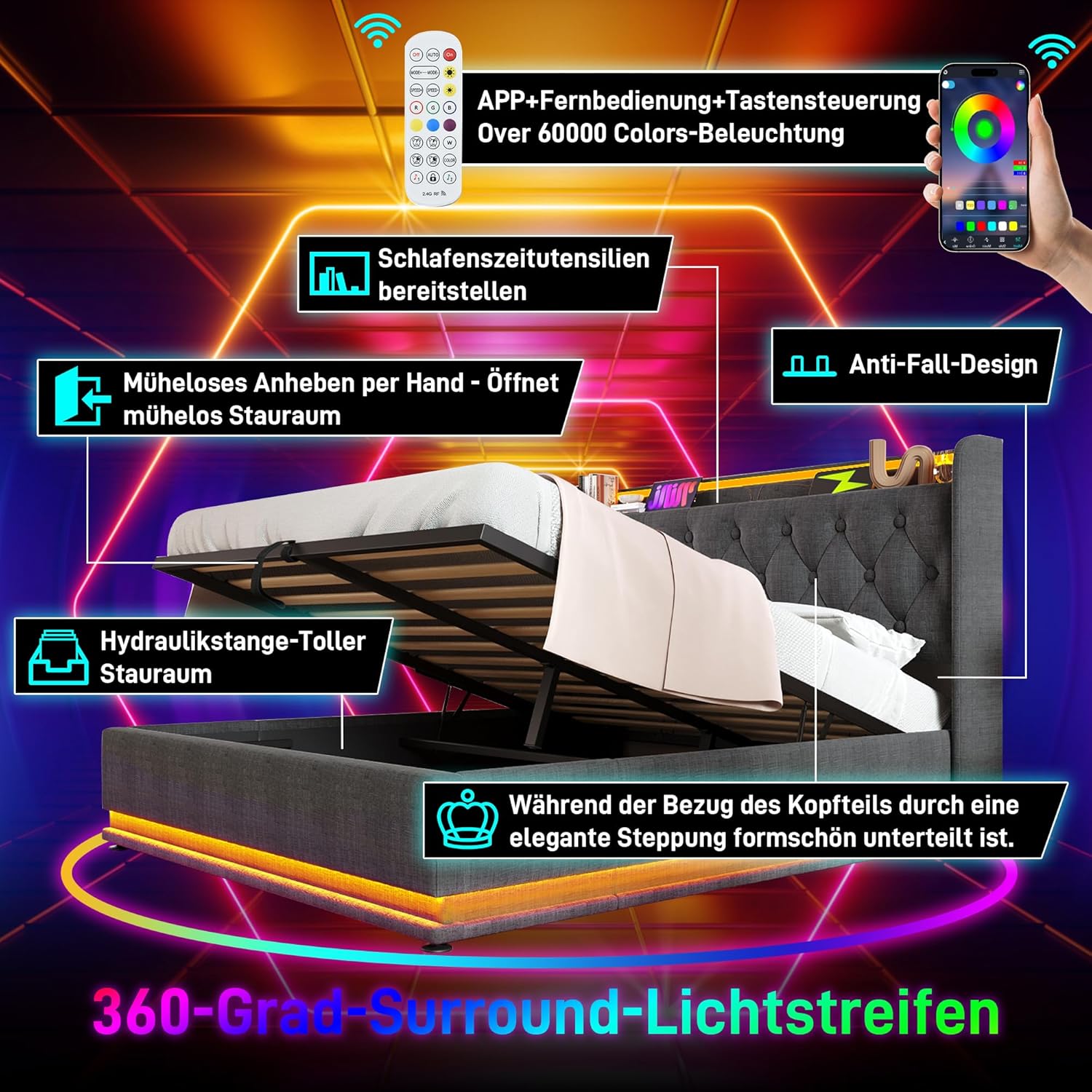 Polsterbett Doppelbett 180x200, LED Jugendbett Hydraulisch Stauraumbett Funktionsbett Bettgestell mit Stauraum & Lattenrost, Kopfteil mit USB Typ-C Ladefunktion & Staufach, Leinen, Ohne Matratze, Grau