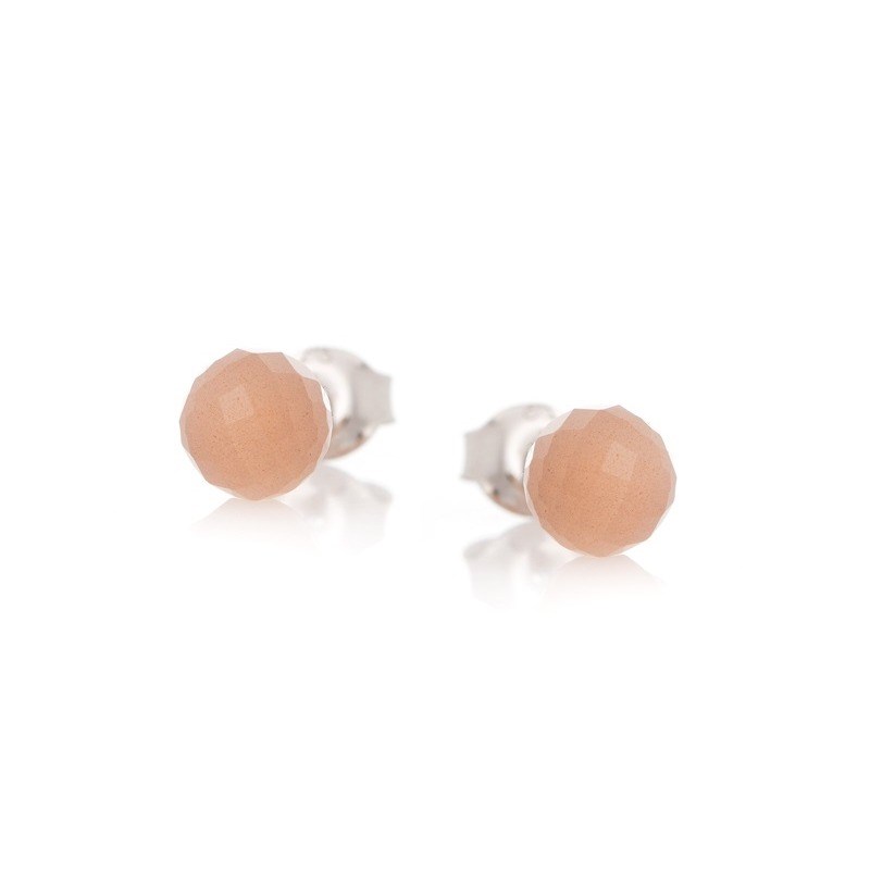 Boucle d'oreille PIERRE DE LUNE ROSE BOULE ARGENT RHODIE