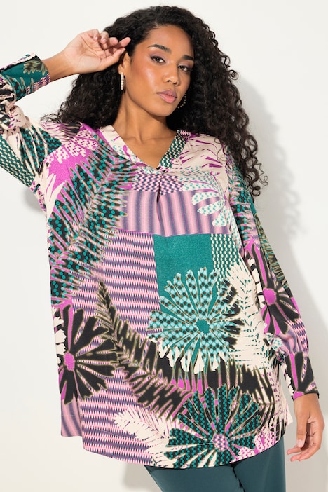 Blusenshirt, Blüten, A-Linie, V-Ausschnitt, Langarm