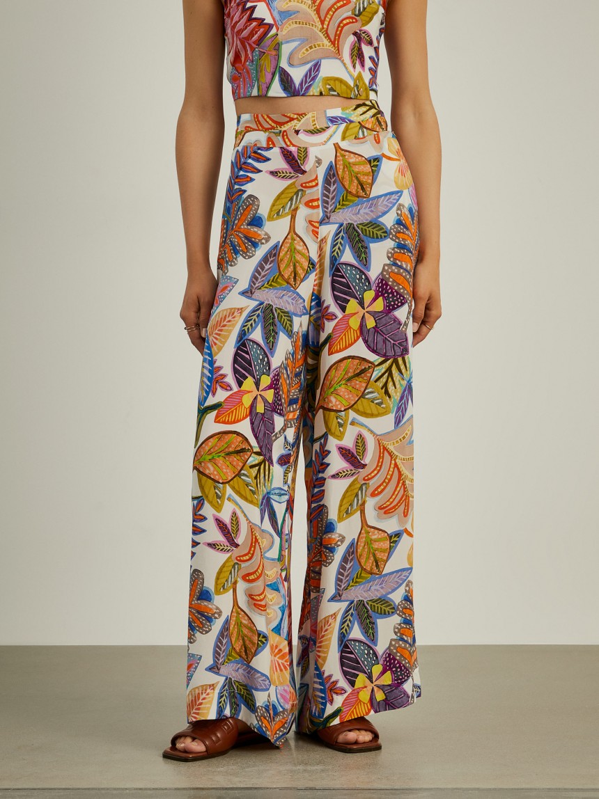 Calças pantalona com padrão colorido