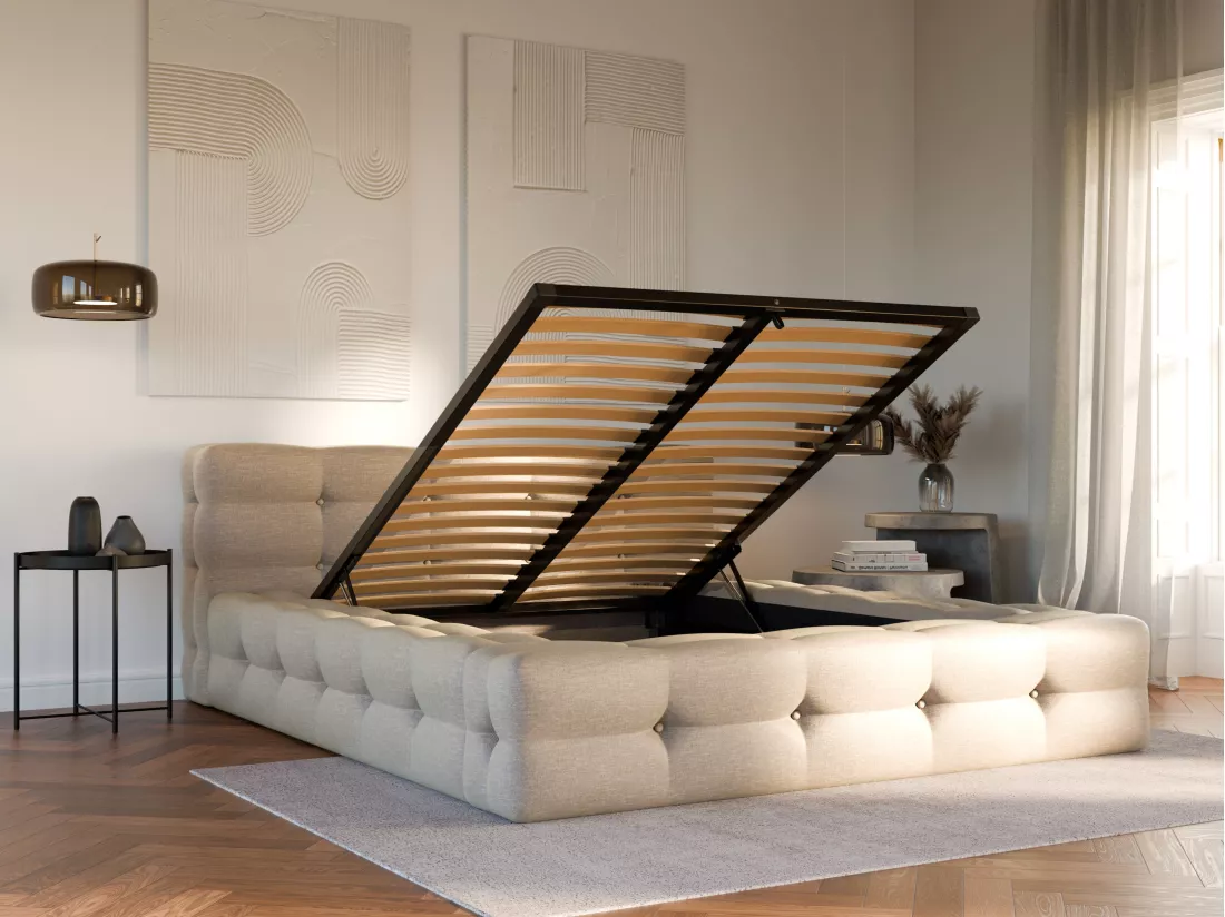Lit coffre capitonné 160 x 200 cm - Tissu chiné - Beige + Matelas - LERUCO de Pascal Morabito