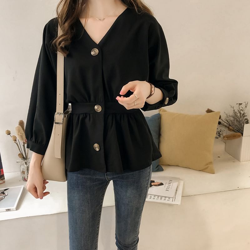 Areumdaun - Blouse met pofmouwen, V-hals en effen peplum