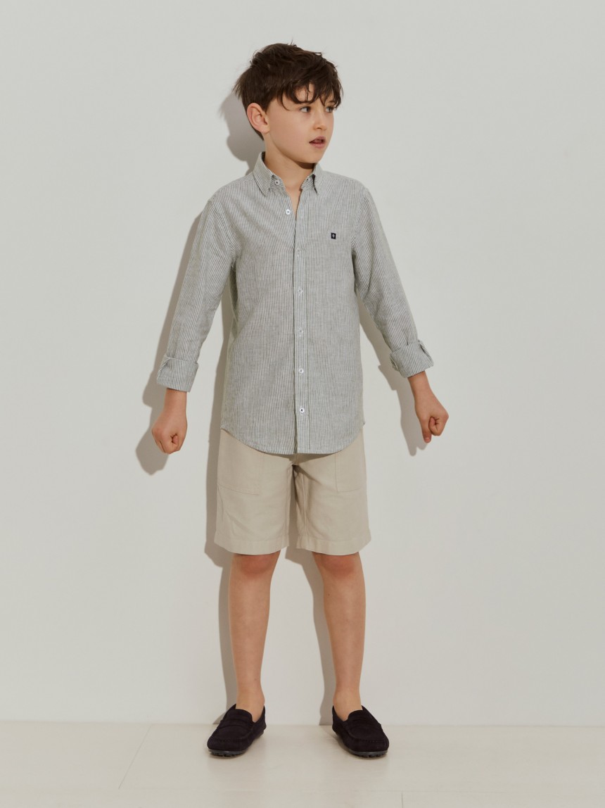 Camisa às riscas em linho e algodão