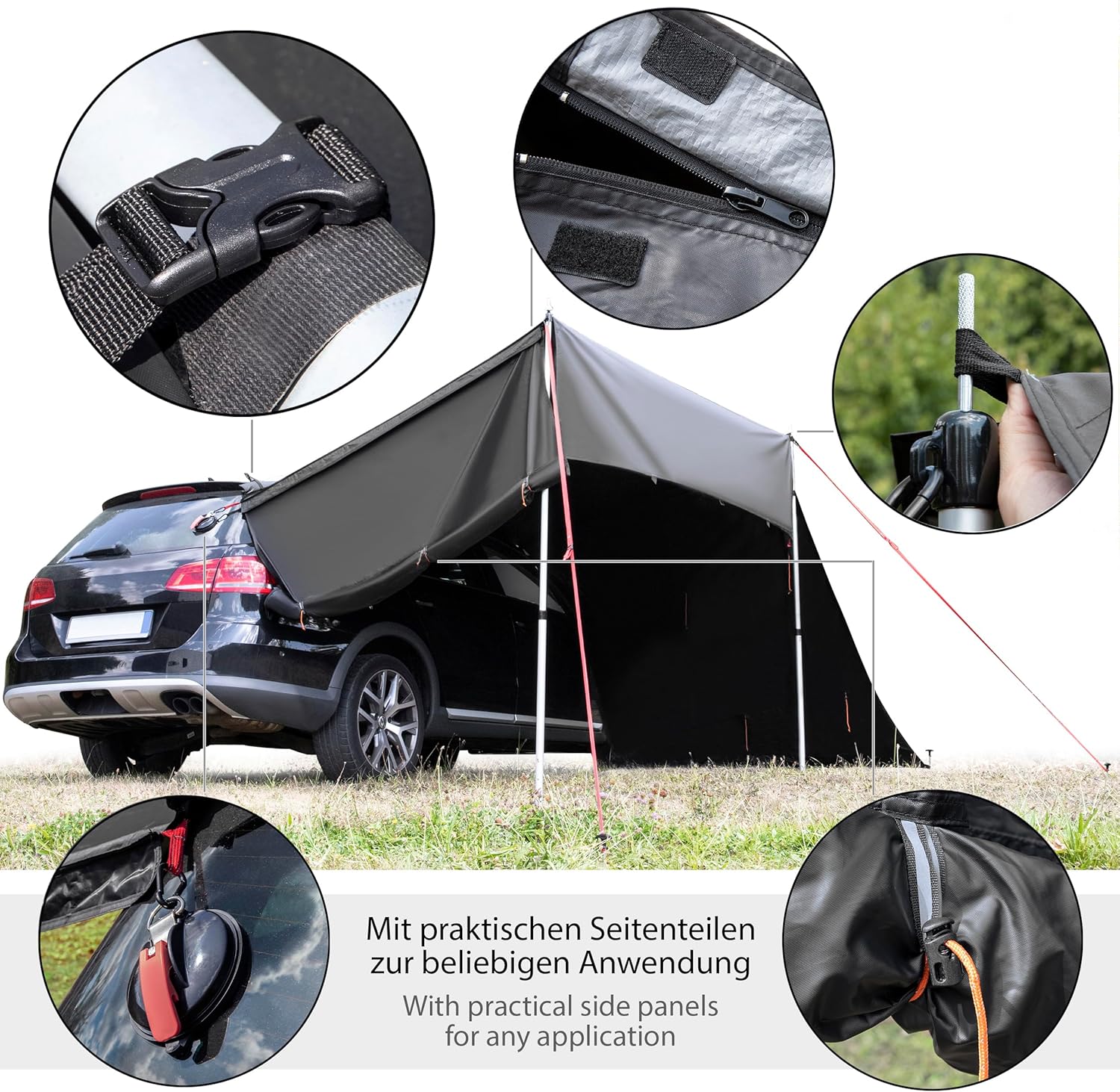 ONVAYA® Auto-Sonnensegel | Grau | Schutz vor Wind, Regen, Sonne (UV99) | 6 Aufbauvarianten | Schneller und einfacher Aufbau | Für PKW, Van und Wohnmobil