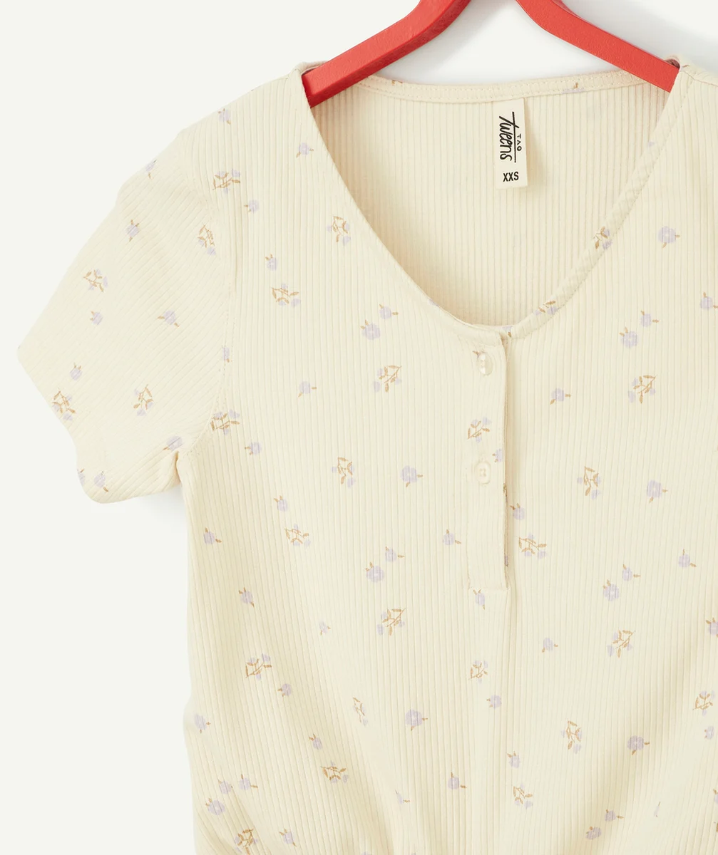 PYJAMA ÉCRU CÔTELÉ IMPRIMÉ FLEURI FILLE