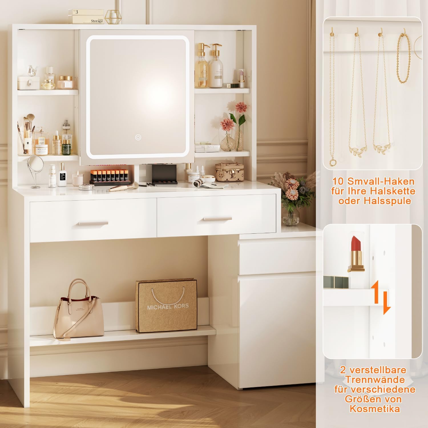 JUMMICO Schminktisch mit LED Spiegel Beleuchtung (3 Helligkeiten & 3 Farbtemperaturen), Großer Kosmetiktisch mit 6 Fächern, 2 Schubladen, Seitenschrank & Ablagefläche, 117x40x140 cm, Weiß