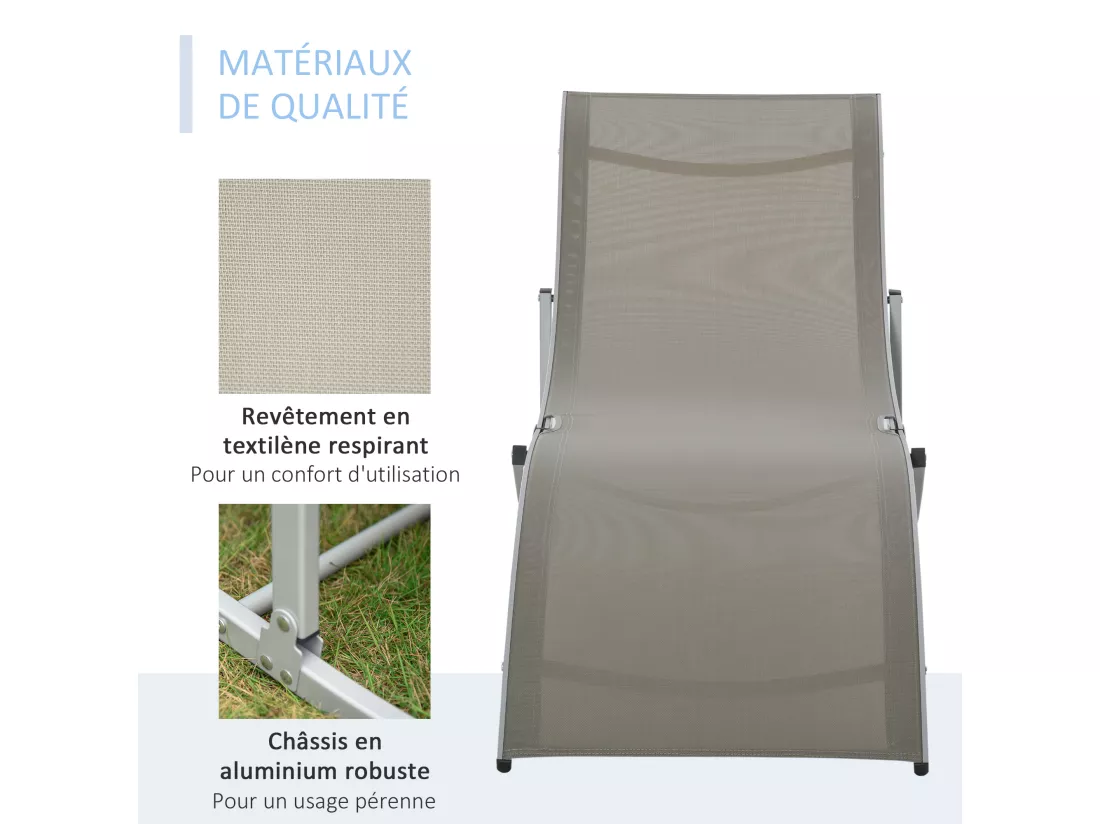Lot de 2 bains de soleil pliables design contemporain - lot de 2 transats ergonomiques - alu. textilène gris clair