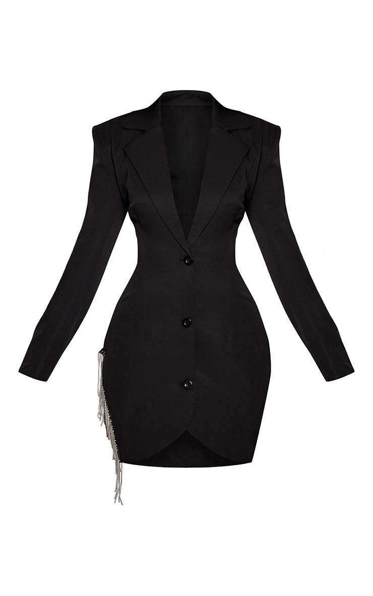 Noir Robe Blazer Tissée Avec Bordure Strass Et Détails De Pompons