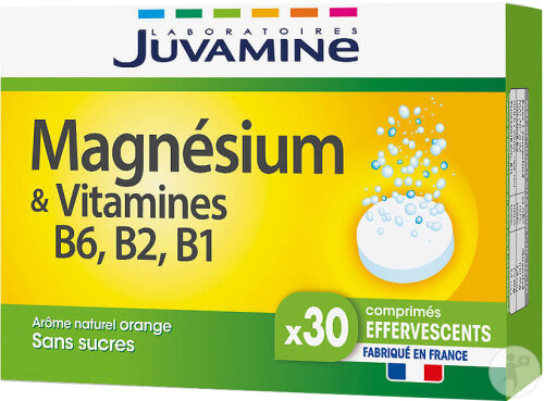 Juvamine Magnésium & Vitamines B6 B2 B1 Arôme Naturel Orange Sans Sucres 30 Comprimés Effervescents