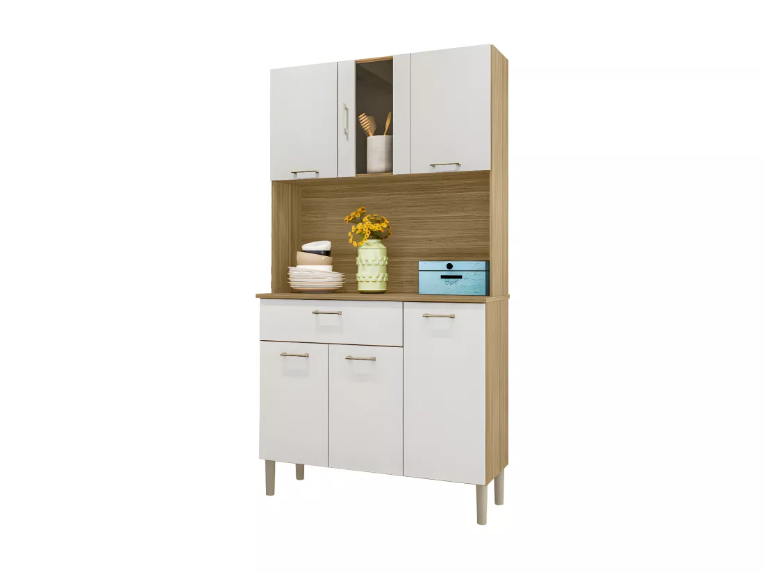 Buffet de Cuisine 6 Portes 1 Tiroir Chêne et Blanc 5 Niches L92 H170.5 P36.3 cm
