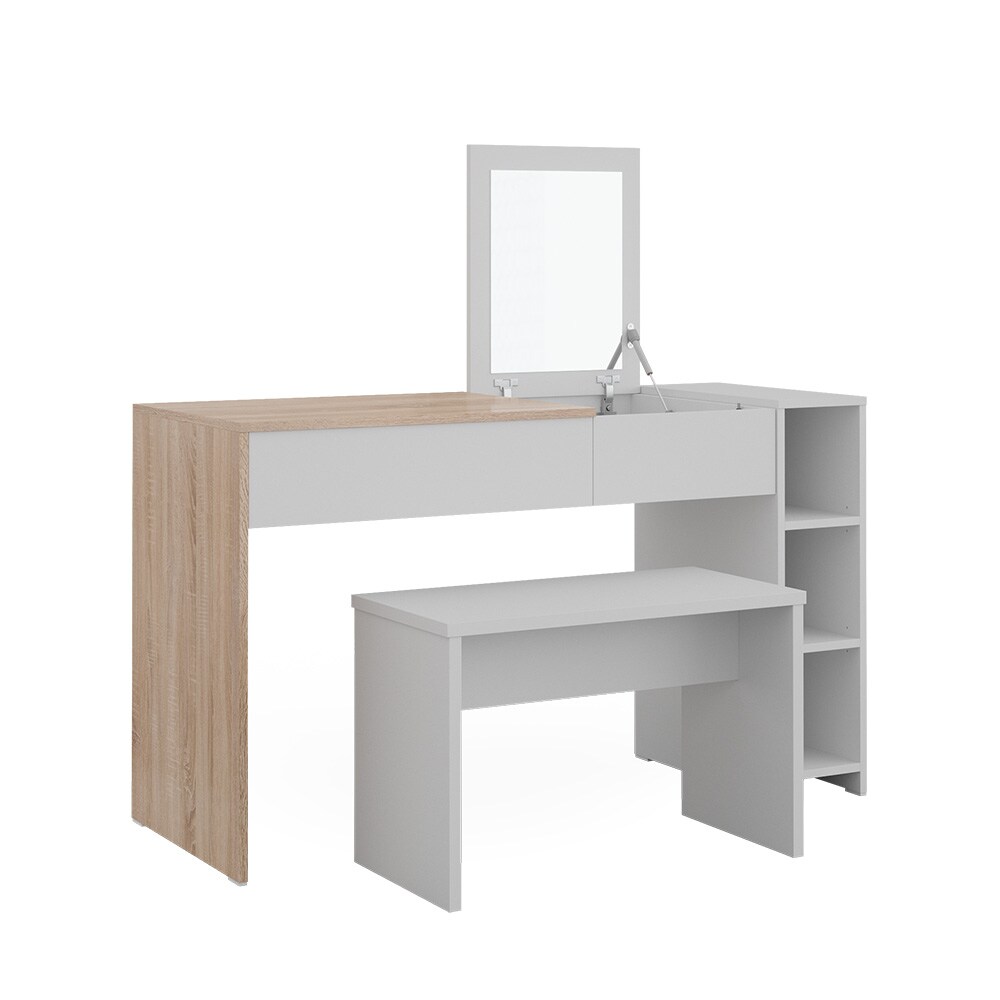 Vicco Schminktisch Kira, 129 x 76 cm, Weiß Sonoma, Frisiertisch, Spiegel, Bank, modern