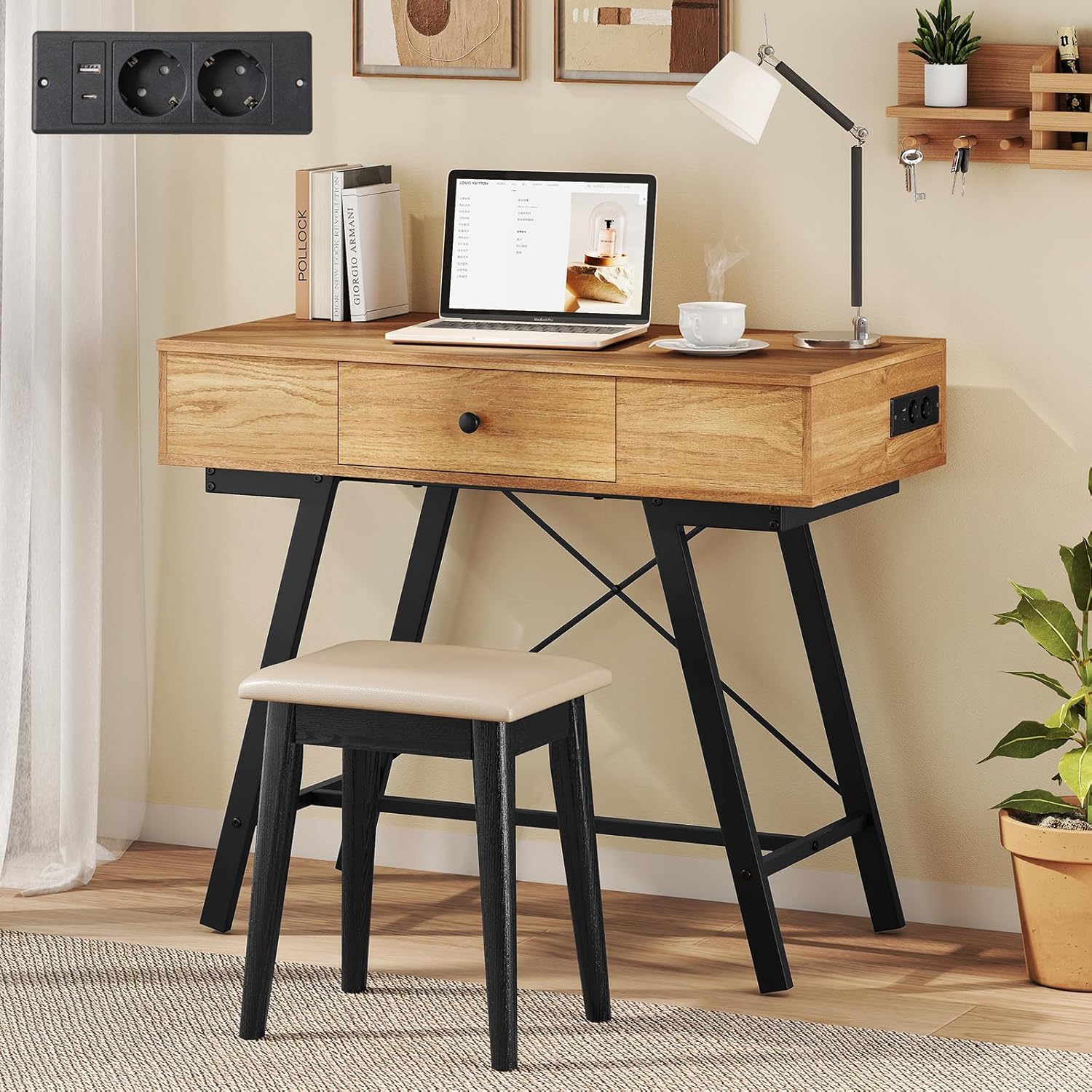 COSTWAY Schminktisch mit großem Spiegel, Ladestation, 6 Aufbewahrungsfächern, Klappdeckel und Schublade, Kosmetiktisch rustikal, Schreibtisch für Schlafzimmer, Ankleidezimmer (Natur)