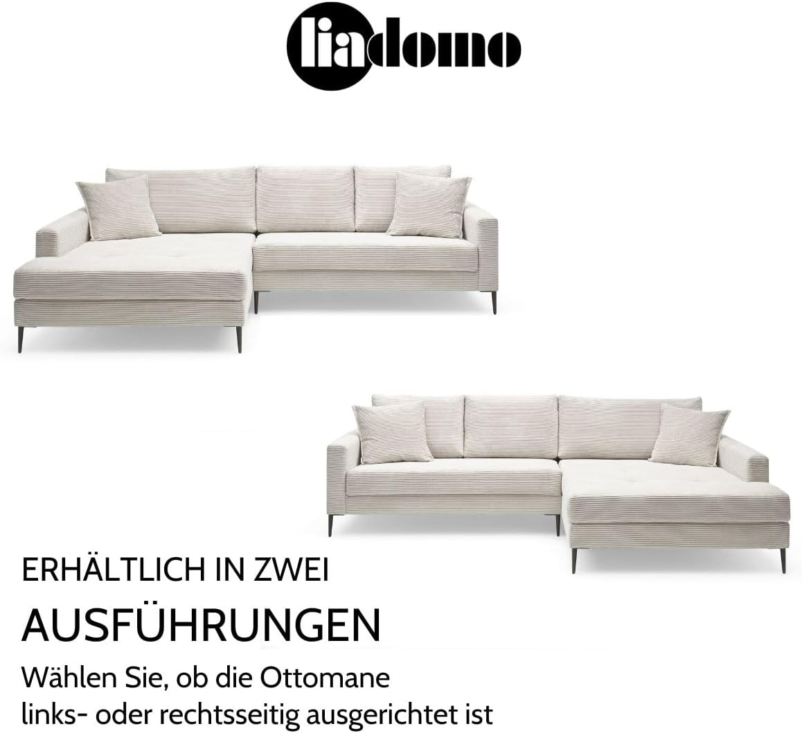 Sofa Hilary Cream, modernes Ecksofa, Cordbezug in Cream, Ottomane Links, Couch mit hohem Sitzkomfort, pflegeleicht & formstabil, Metallfüße, Sofa in L-Form Links, Made in Europe