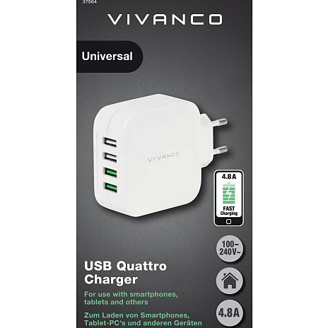 Vivanco 4 x USB-hjemmeoplader 4.8A automatisk - hvid