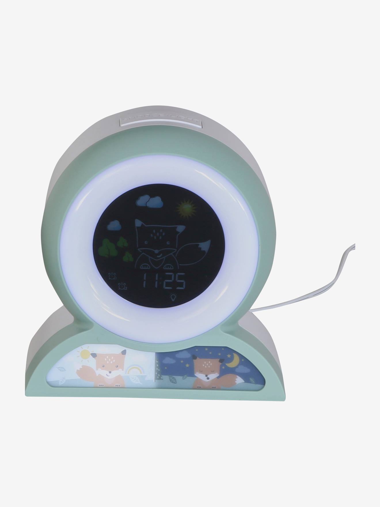 Despertador educativo e luz noturna, branco claro liso com motivos.