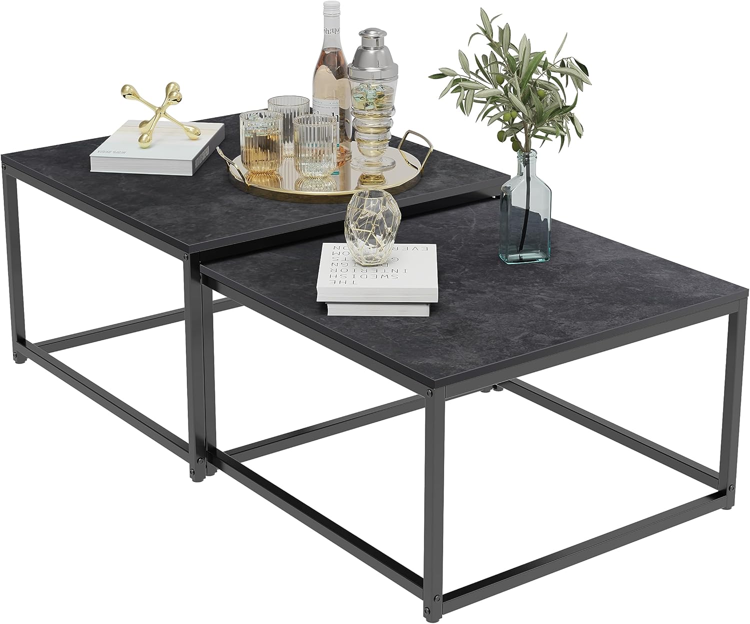 FATIVO Couchtisch Schwarz Marmor Wohnzimmertisch: beistelltisch 2er Set modern sofatisch quadratisch mit metallgestell für Wohnzimmer groß:65×65×40cm klein:60×60×34cm
