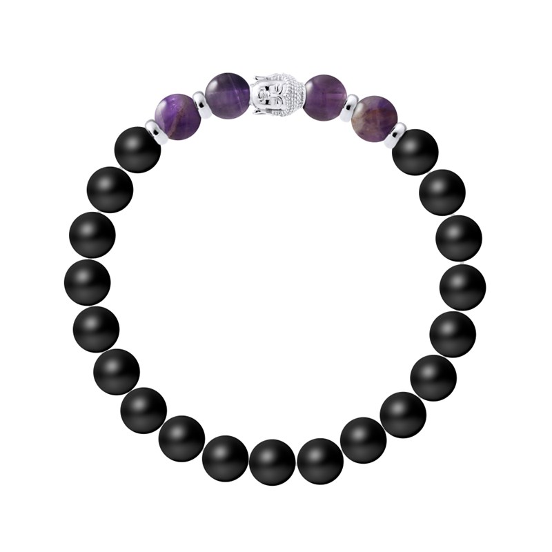 Bracelet BUDDAH Améthyste Véritable - Agate Noire Matte en Argent 925