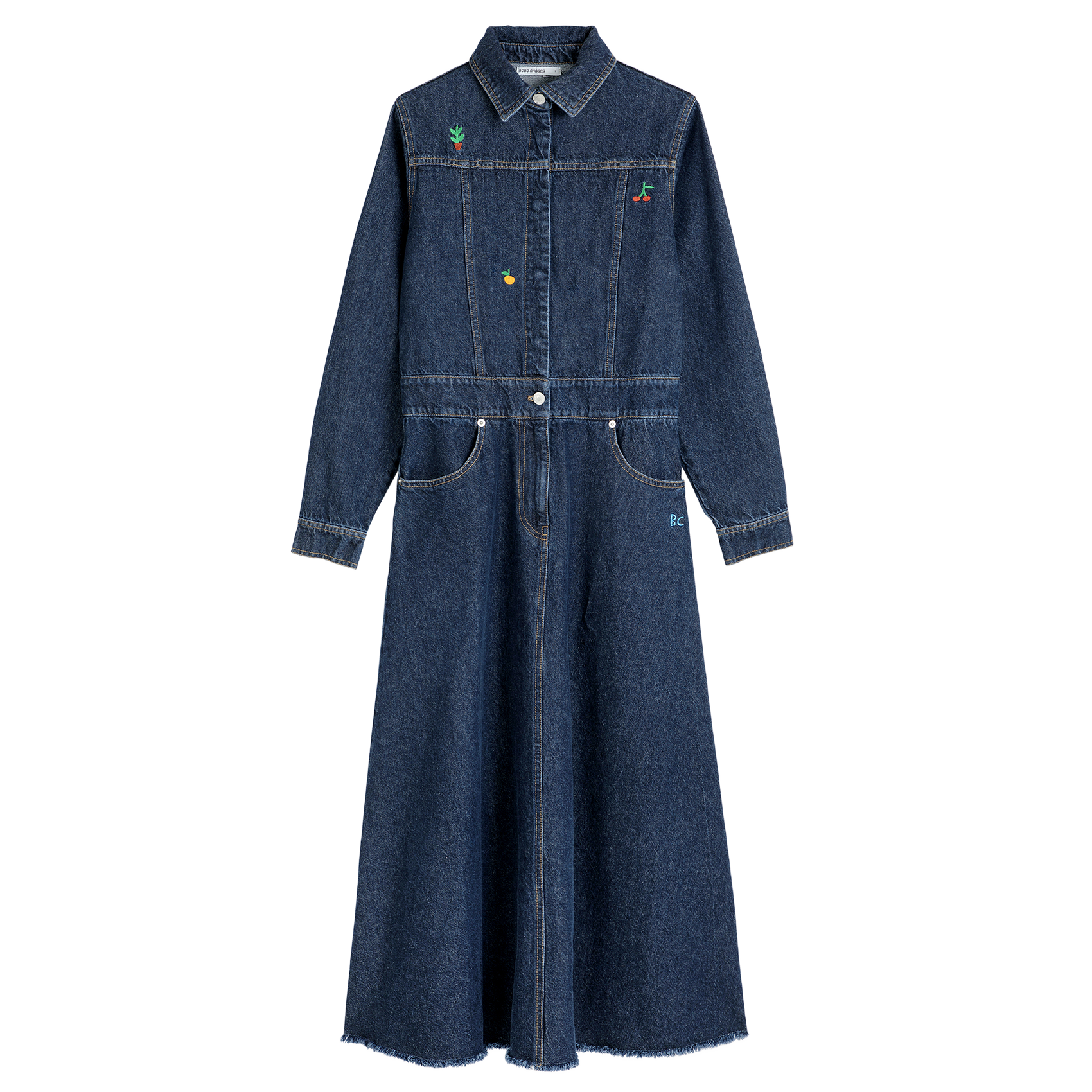 Robe midi col chemise en jean| Bleu
