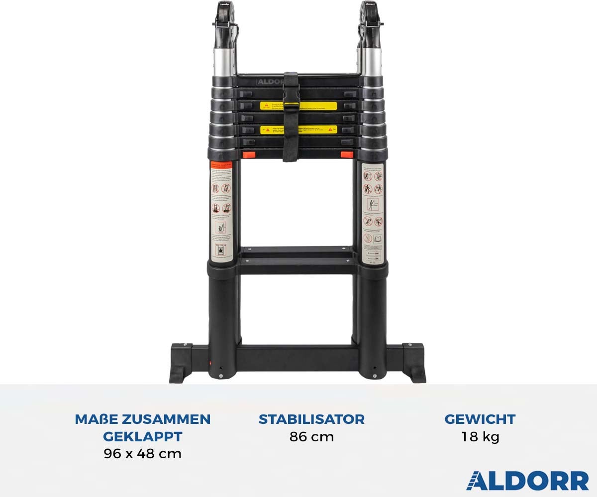 ALDORR Professional - Telescopische opvouwbare ladder 2,20 m + 2,20 m - Multifunctionele ladder - Draagvermogen tot 150 kg - Soft-Close-systeem