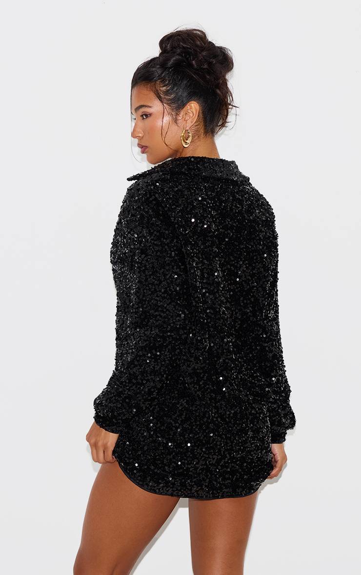 Noir Robe Chemise Oversize En Velours À Sequins