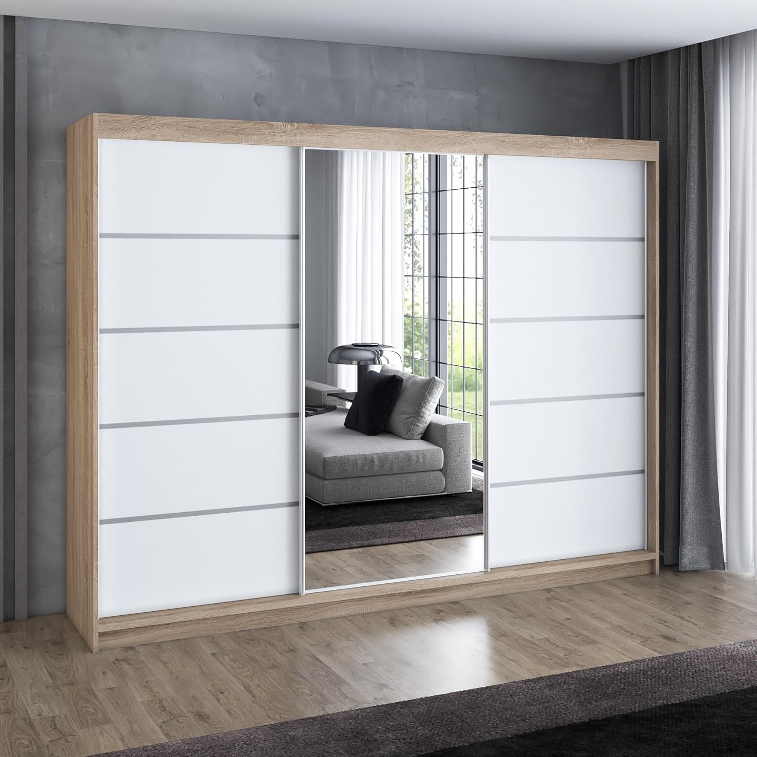 A&J MöbelLand Schwebetürenschrank VILUNO 1 Kleiderschrank 3-türig 200 cm mit Spiegel, 4 Schubladen & 2 Kleiderstangen, Geräumiger Schlafzimmerschrank (Sonoma/weiß)