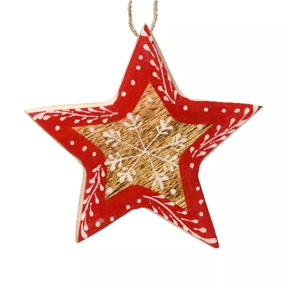 Étoile à suspendre en bois (H8 cm) Flocon de Noël Rouge