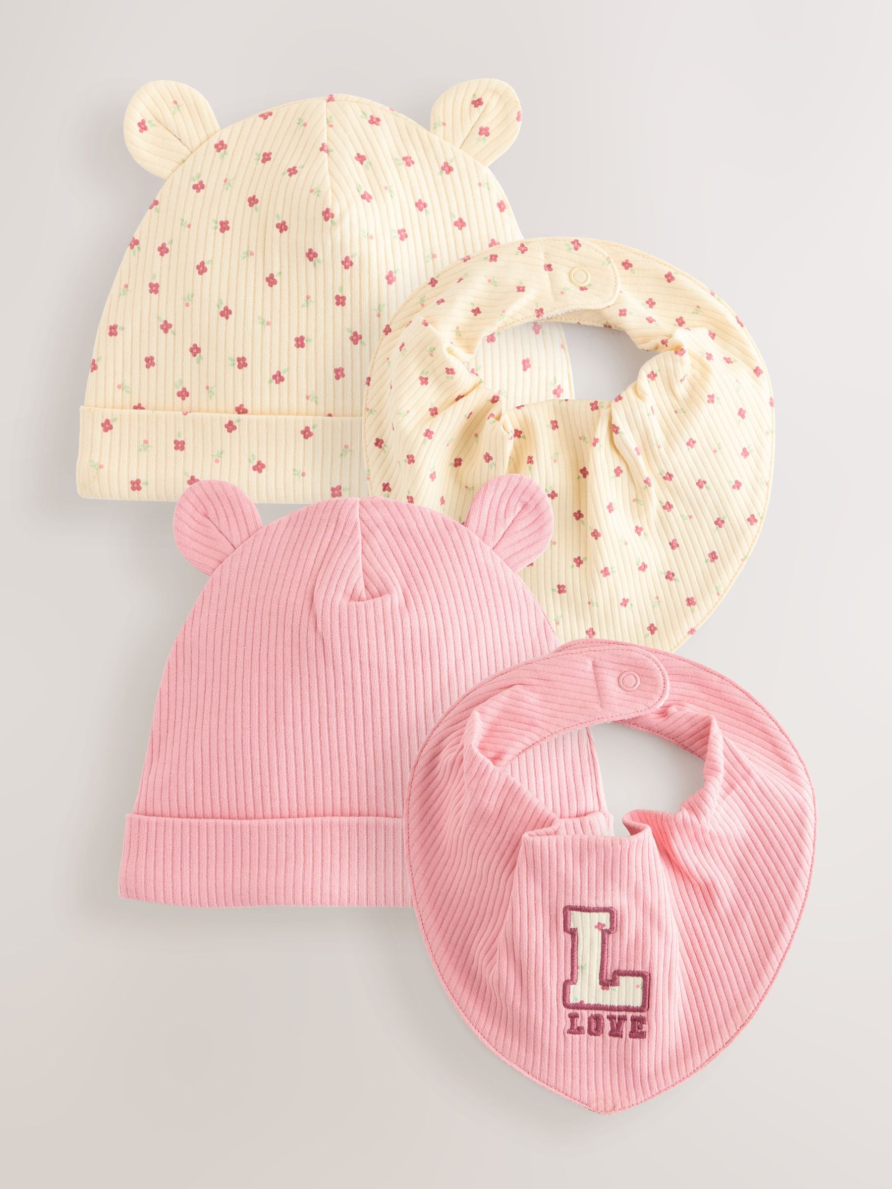 Roze - 4 -delige Baby Muts en Slabbetjes Set (0-18mnd)