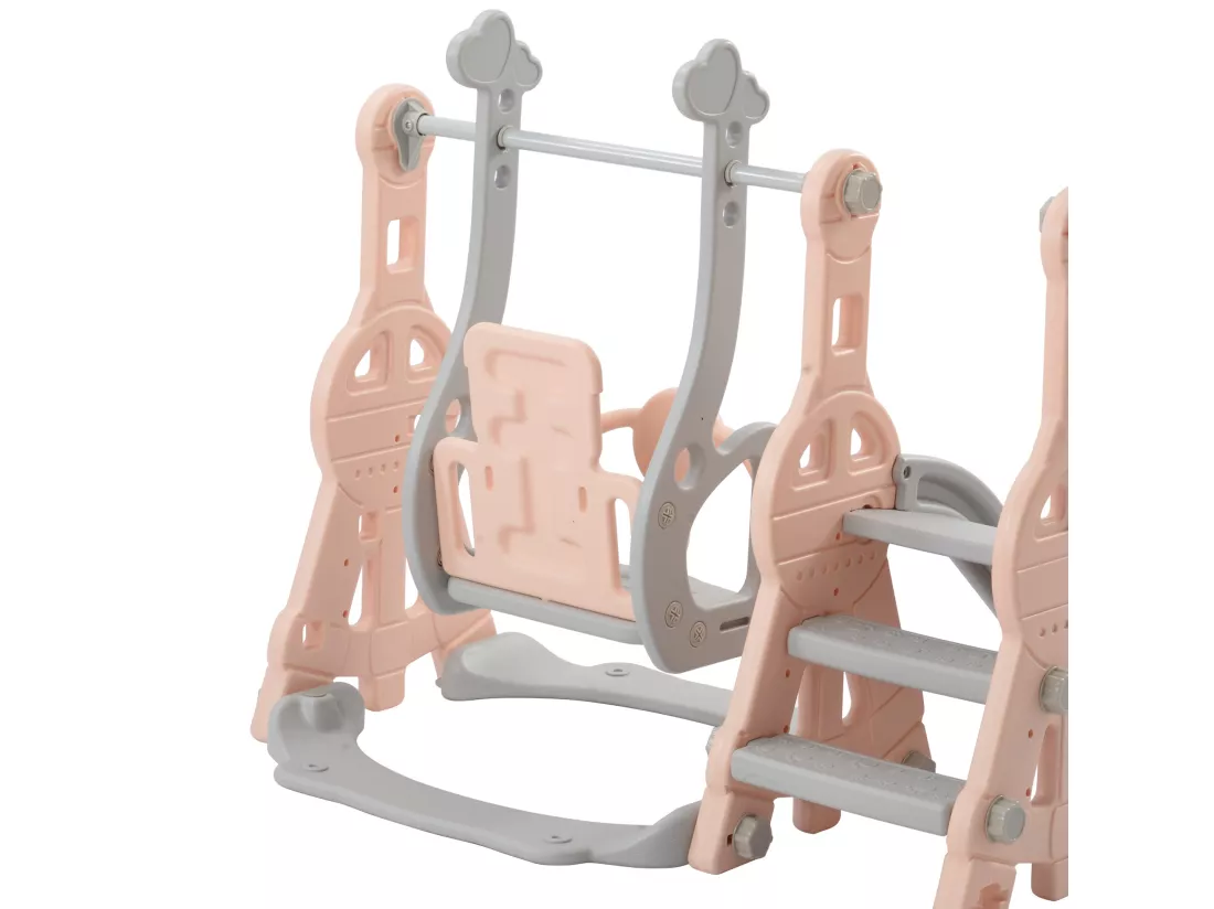 Toboggan 4 en 1 - avec escalier, balançoire, panier de basket - rose