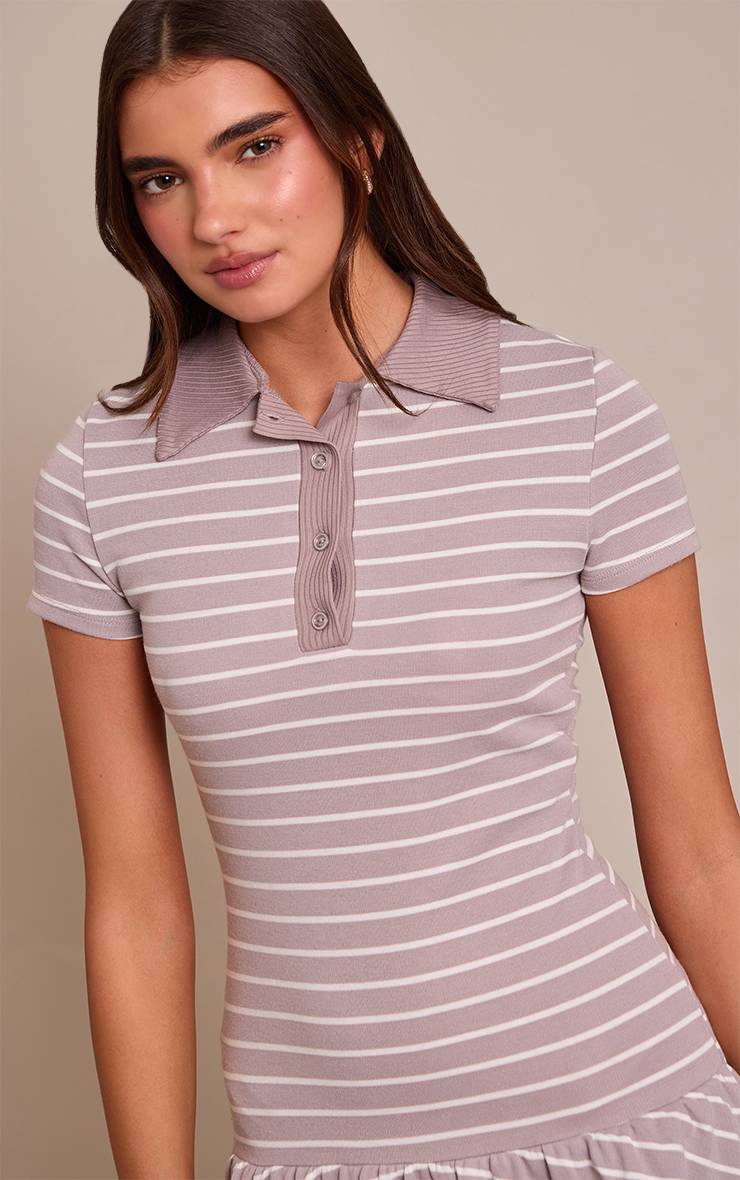 Gris Robe Droite À Détail Col Rayé