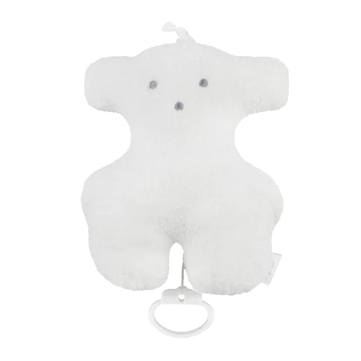 Urso de pelúcia musical branco com cabelo encaracolado