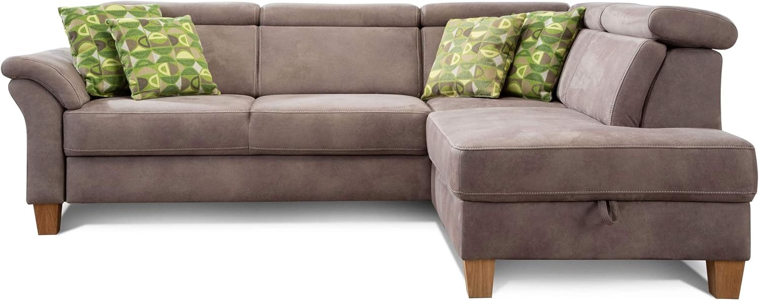 Cavadore Ecksofa Ammerland mit Ottomane rechts / Federkern-Sofa im Landhausstil mit verstellbaren Kopfstützen / 245 x 84 x 194 / Lederoptik hellbraun