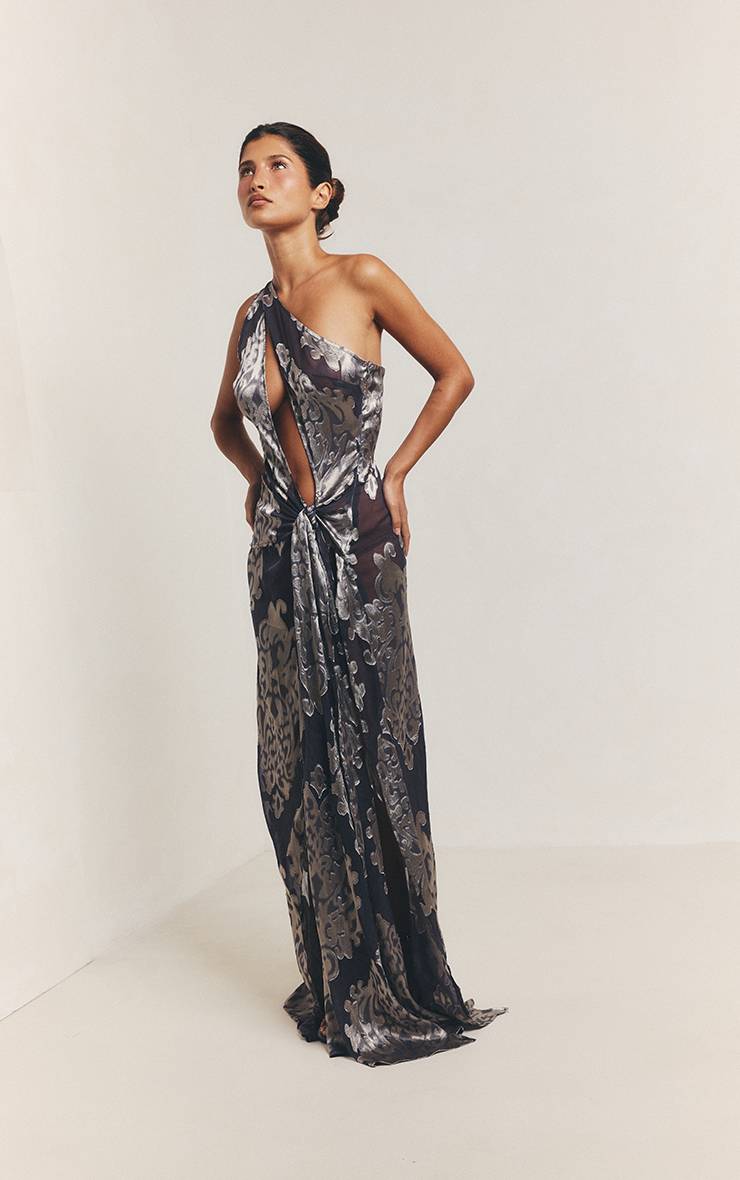 Charbon Robe Maxi Ajourée En Velours Dévoré Métallisé