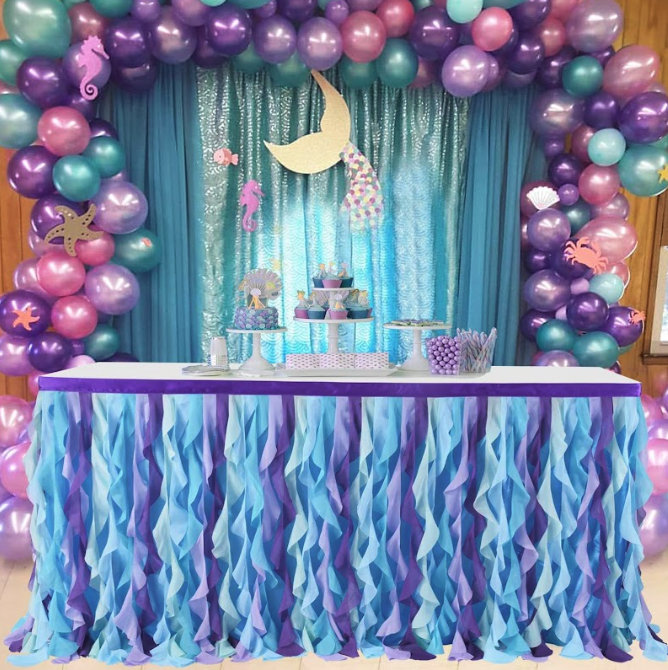 (183x77cm) Tisch Deko Tüll Kräusel Tischrock Vorhang für Party / Hochzeit / Geburtstag - Blau / Lila