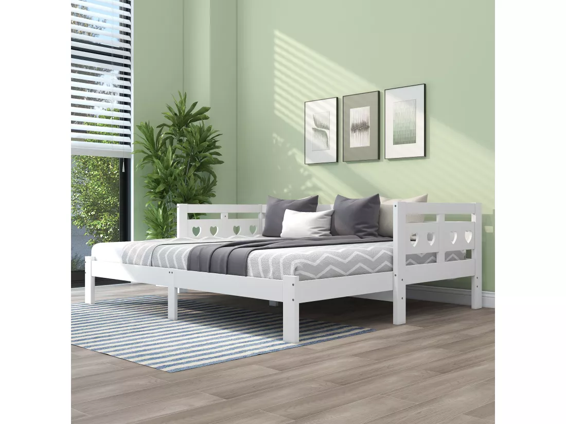 Lit gigogne 90 x 200 cm - Lit de repos en bois massif - forme coeur - blanc