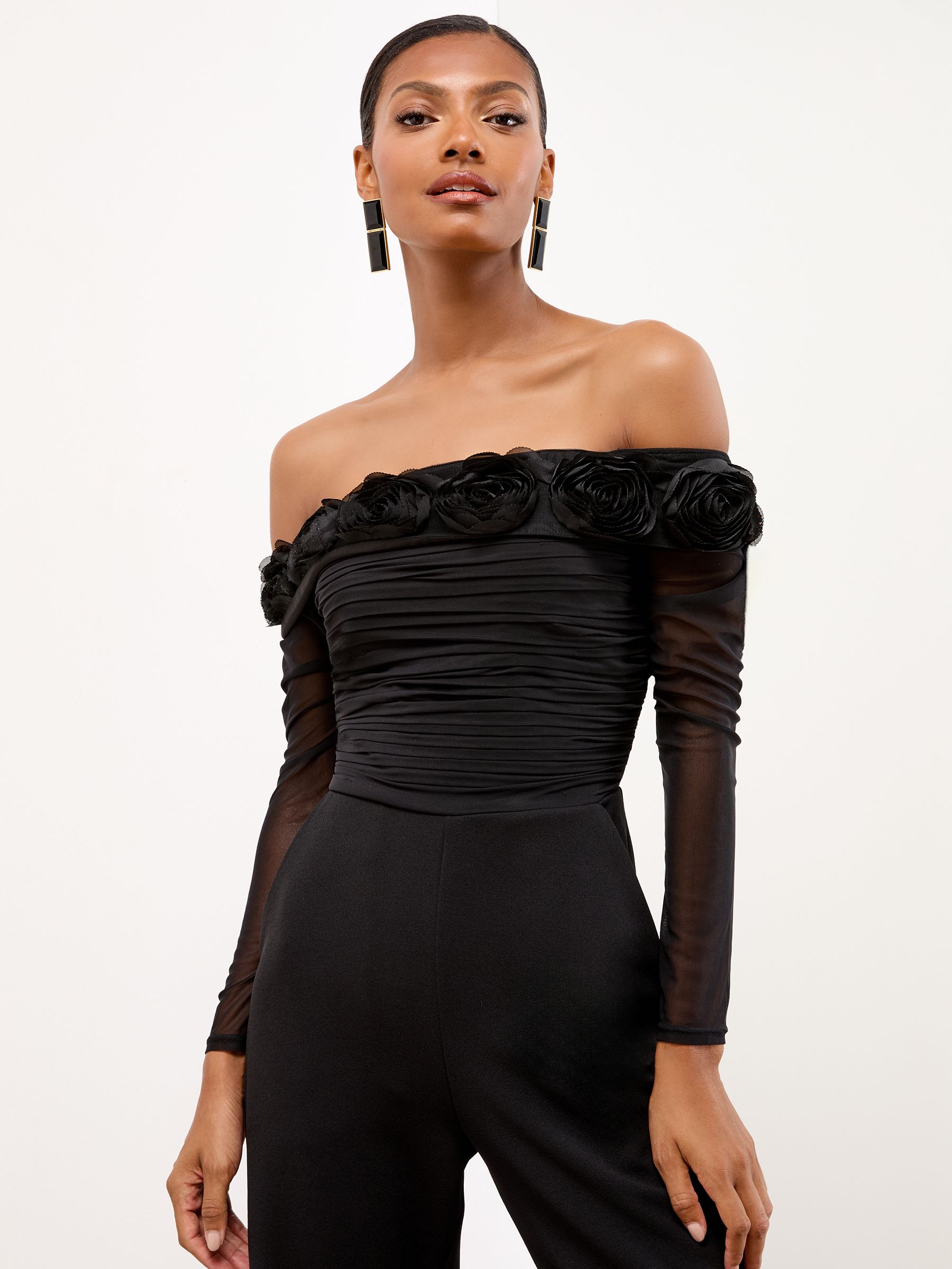 Lipsy Flower 3D Trim Bardot Long Sleeve Mesh Jumpsuit