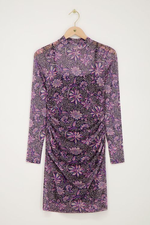Grijze mesh jurk met paarse bloemenprint