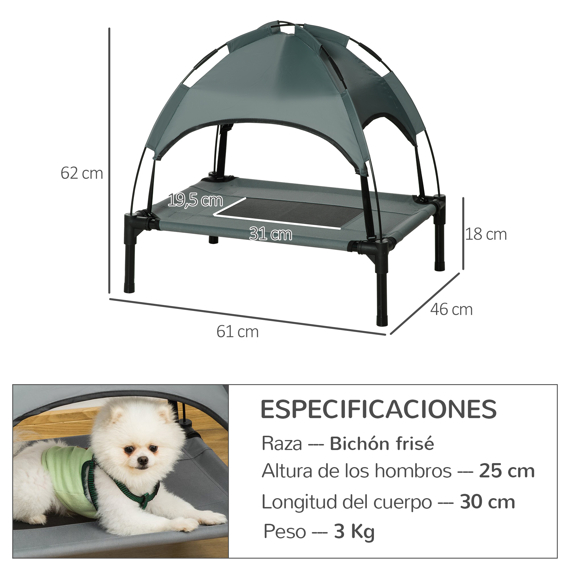 Cama elevada portátil PawHut para animais de estimação com cobertura removível, tecido respirável para uso interno e externo, 61x46x62 cm, cinza.