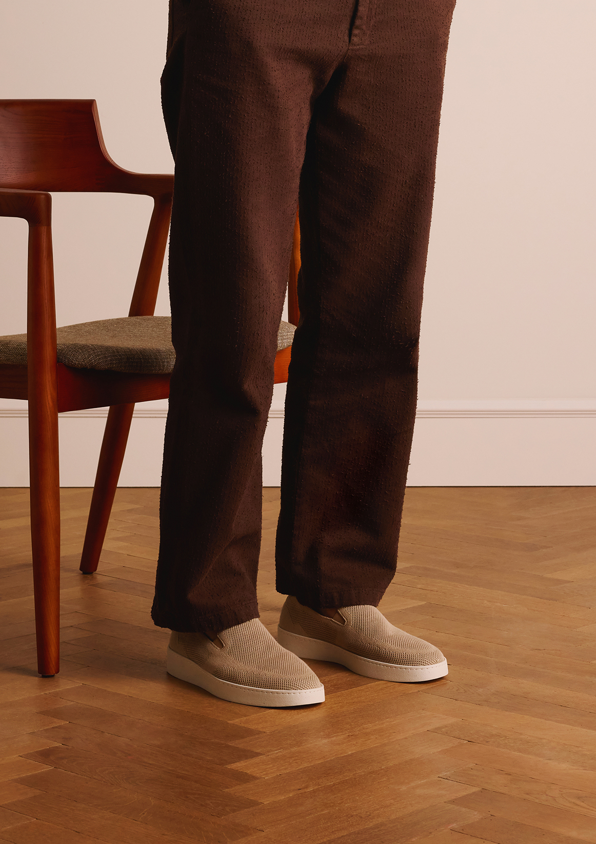 Beige knit fabric loafers