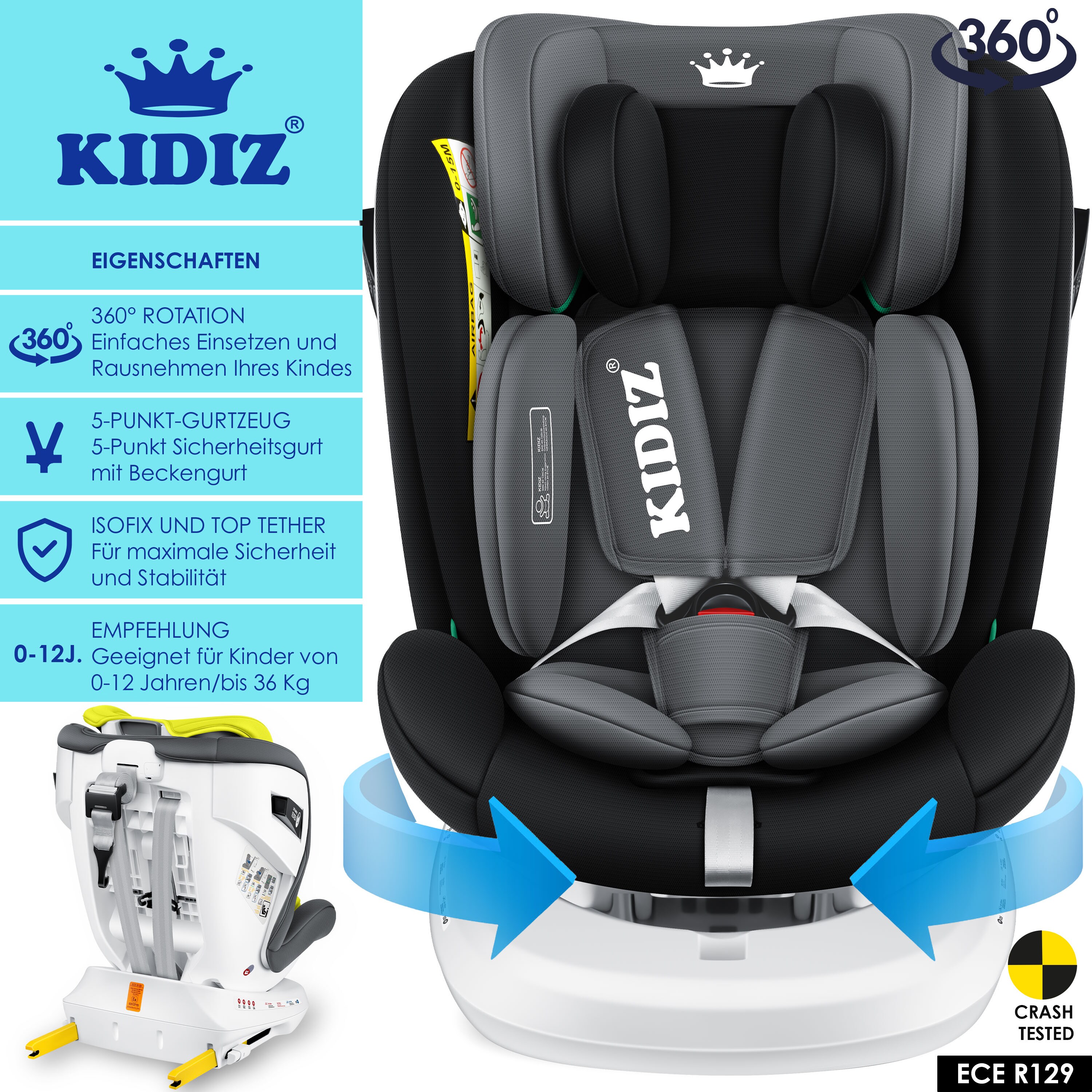 KIDIZ® Kindersitz Baby Autositz Kinderautositz Isofix Top Tether 360° drehbar Gruppe 0/1/2/3 ab Geburt 0-36kg Mit Sonnenschutzdach Seitenschutz 5 Punkt Gurt Kopfstützenverstellung ECE R 129/03
