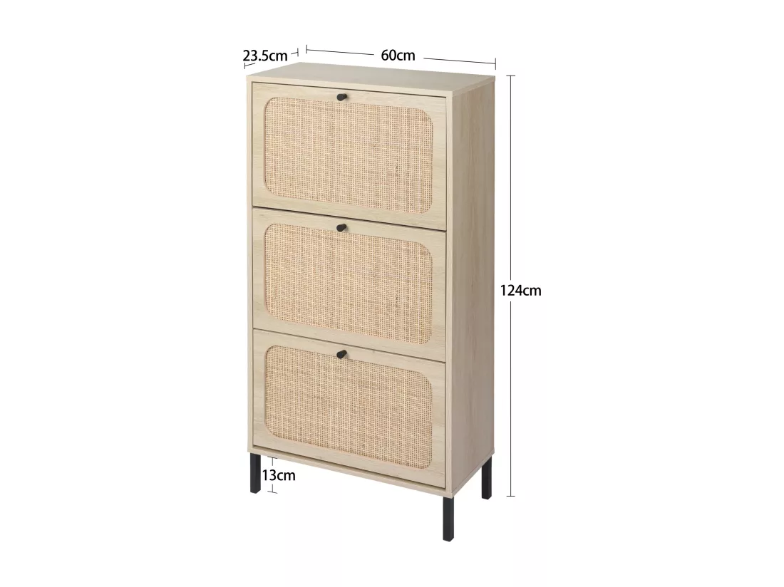 Meuble à chaussures avec 3 Porte en rotin métallique fabriqués avec des fers à repasser et MDF 60x23.5x104.5cm Naturel