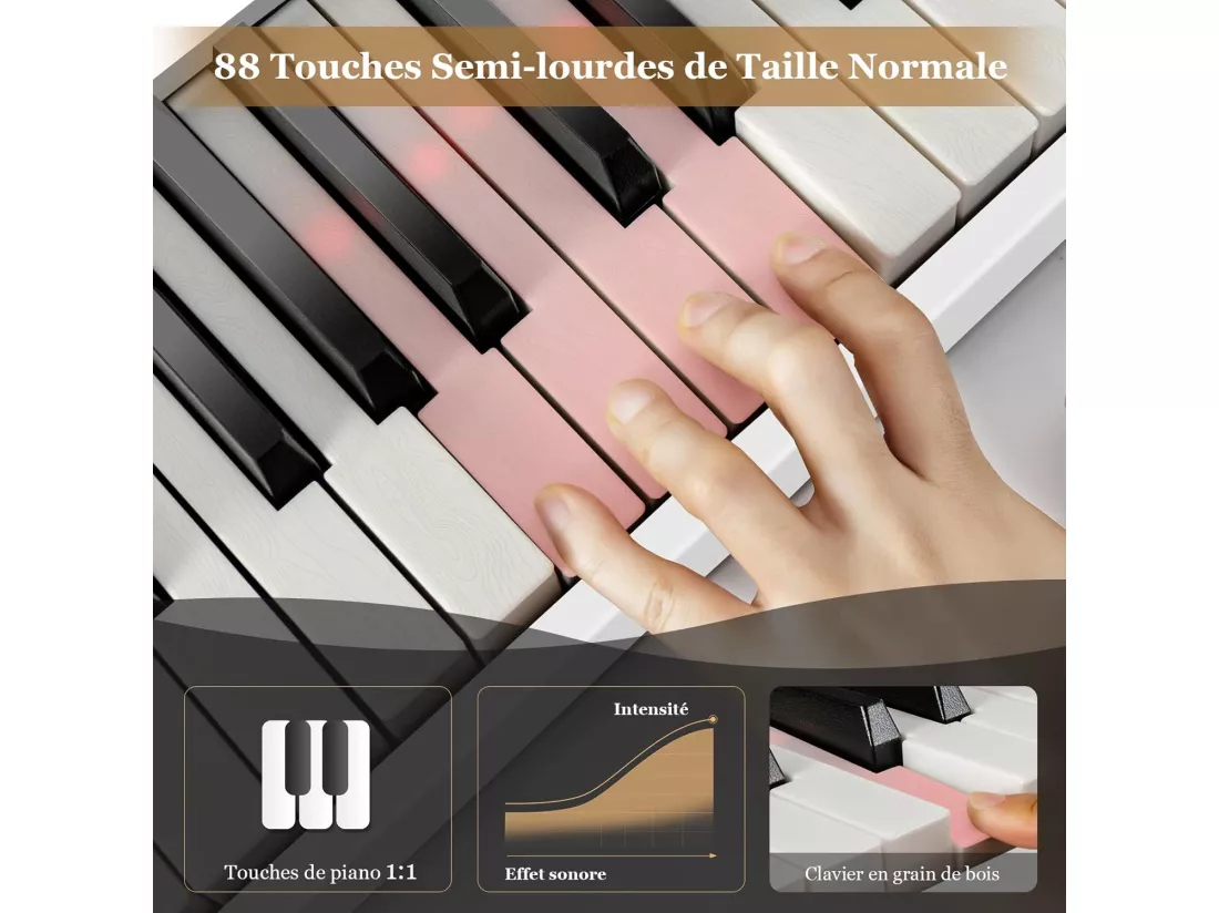 Piano Numérique Pliable à 88 Touches avec Pupitre, 2 Modes d'Apprentissage, MP3/USB/MIDI 126x20,5x6cm, Blanc
